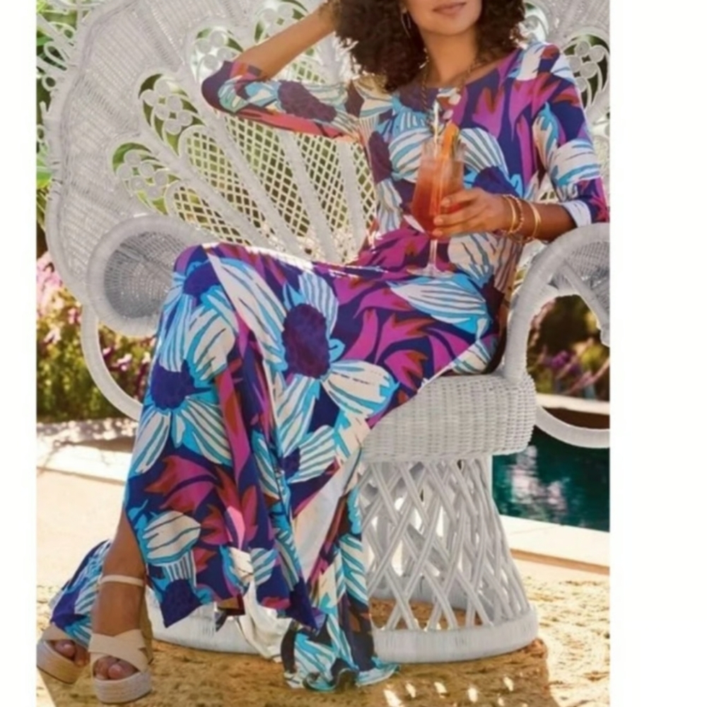 Soft Surroundings Serena Maxi Dress Blue Floral Boho Jersey